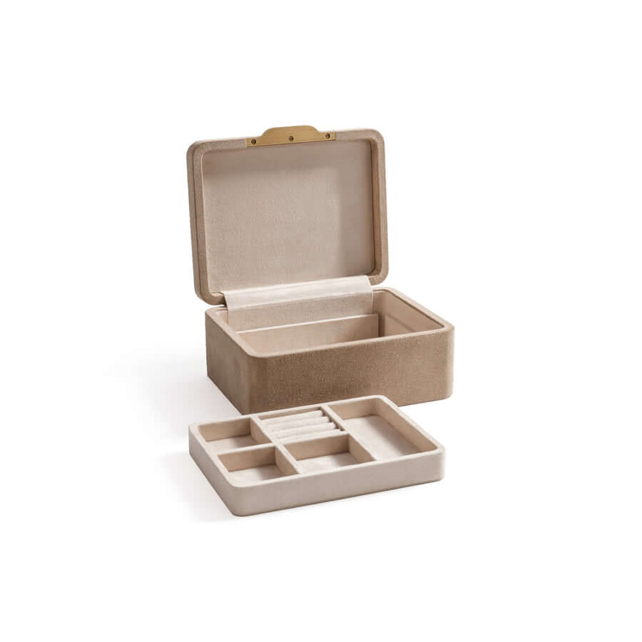 Linea Suede Jewelry Box with open lid and multi-compartment tray for organized jewelry storage.