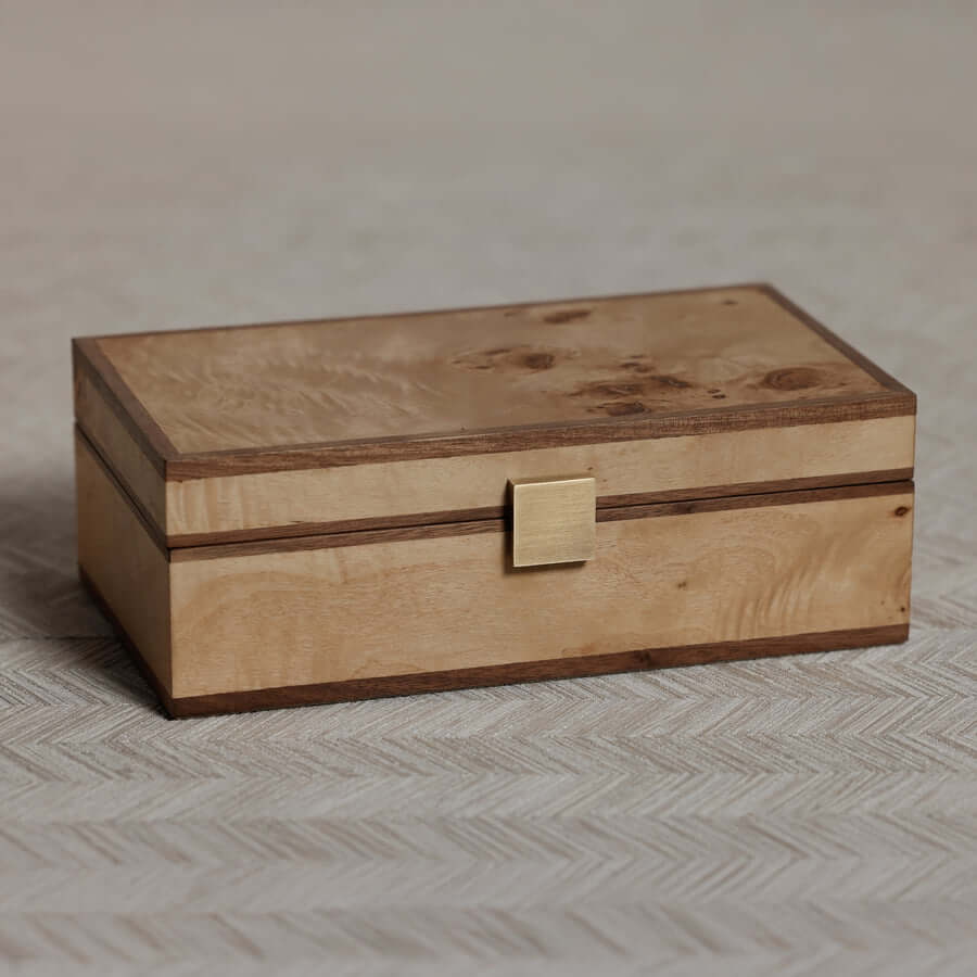 Linea Heritage Burl Veneer Jewelry Box with brass clasp and unique burl wood grain.