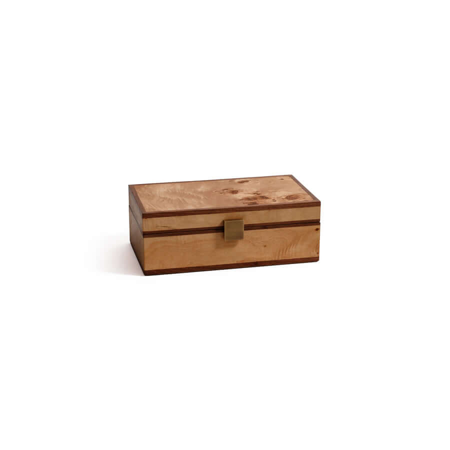 Linea Heritage Burl Veneer Jewelry Box with brass clasp and distinctive burl veneer design.