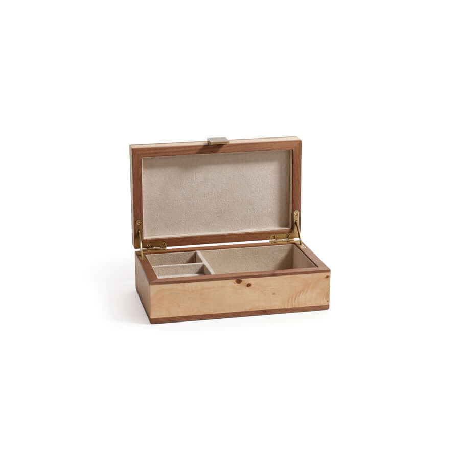 Linea Heritage Burl Veneer Jewelry Box with suede-lined interior, featuring two compartments and a polished wood finish.