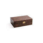 Linea Madrona Burl Veneer Jewelry Box in dark wood with brass clasp, perfect for elegant jewelry storage.