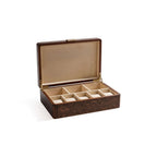Open Linea Madrona Burl Veneer Jewelry Box showcasing suede-lined compartments for watches and accessories.
