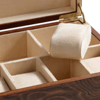 Interior view of Linea Madrona Burl Veneer Jewelry Box with suede-lined compartments for watches.