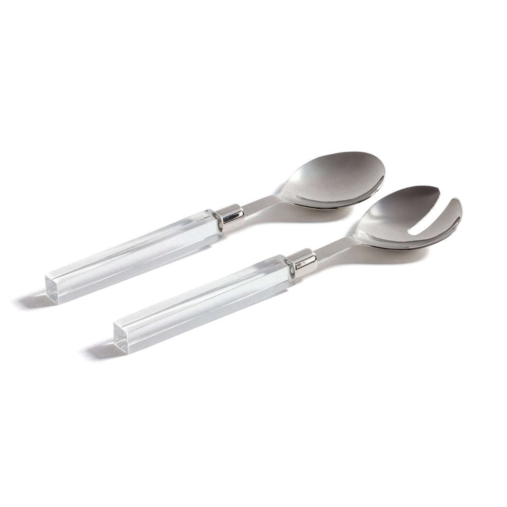 Mougins Salad Server Set with Acrylic Handle featuring crystal-clear handles and polished stainless serving heads.