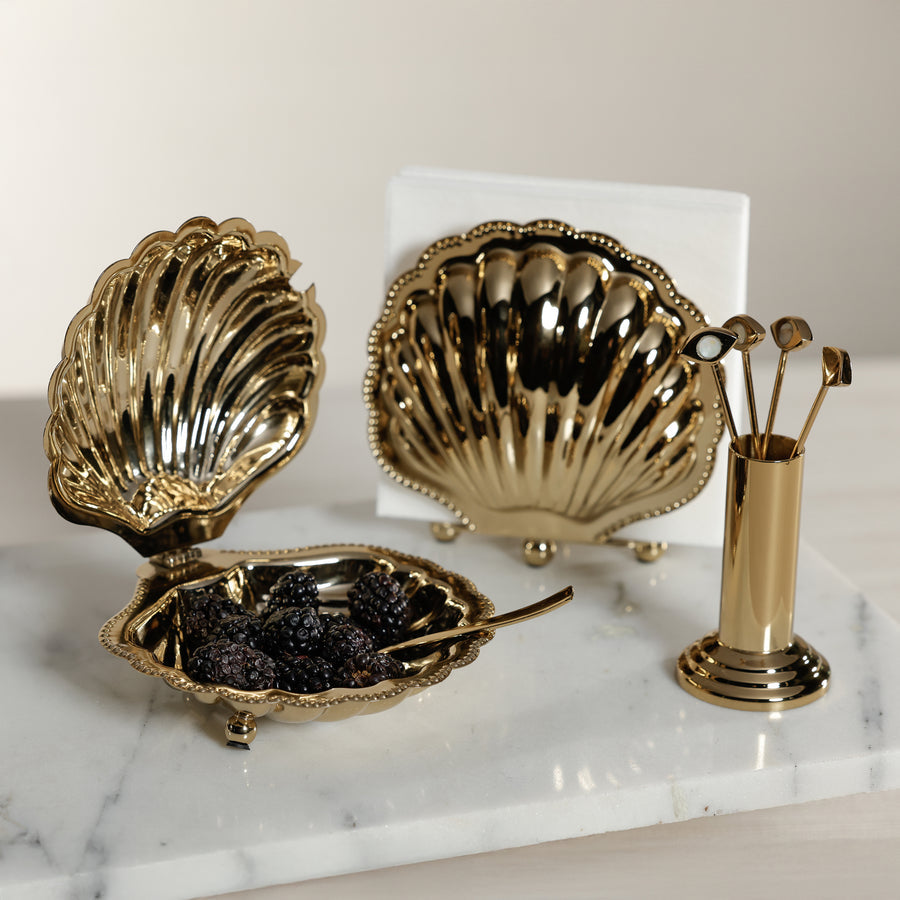 Cap Ferrat Fan Shell Napkin Holder - Polished Gold