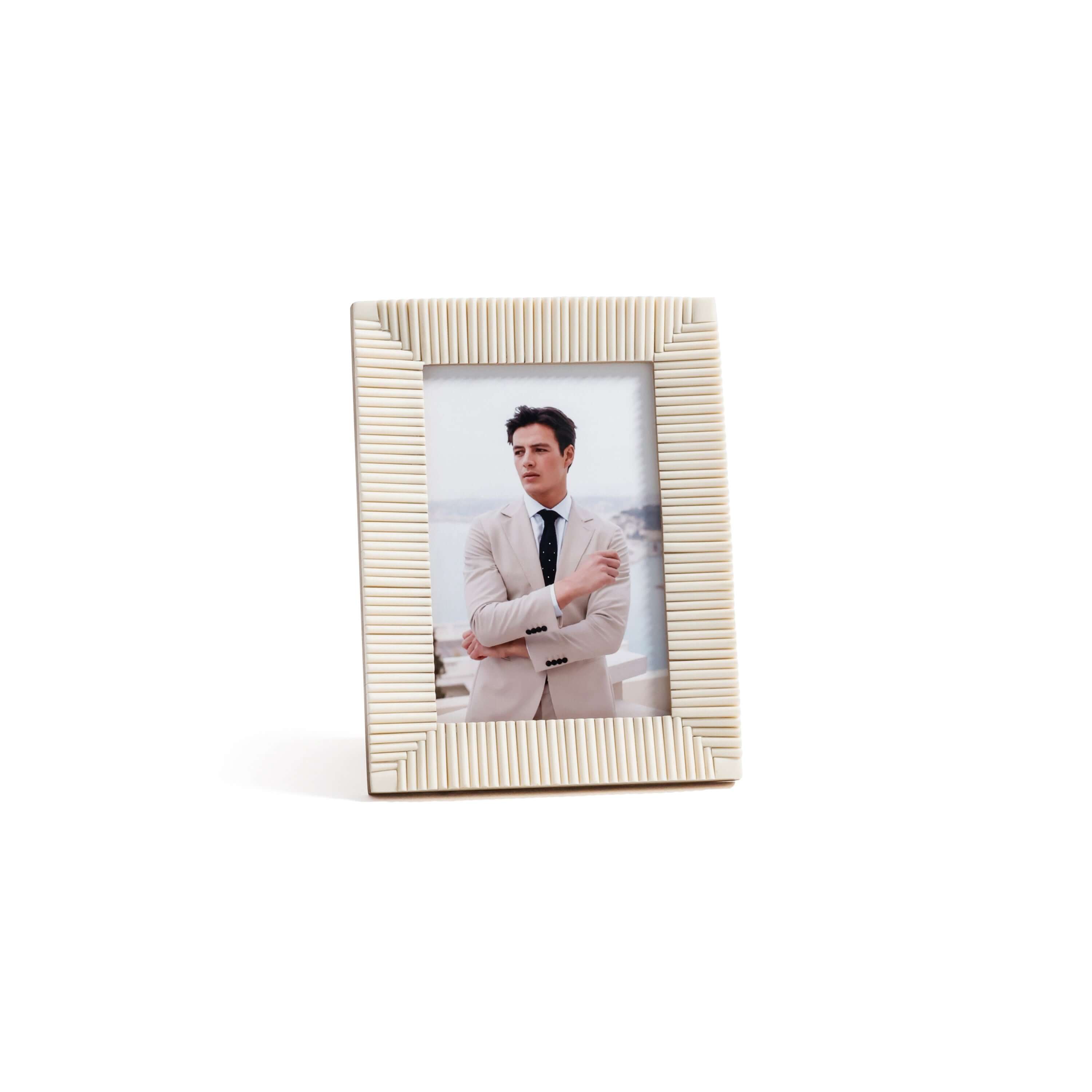 Nubia White Bone Ribbed Photo Frame showcasing hand-carved white bone texture and small size design.
