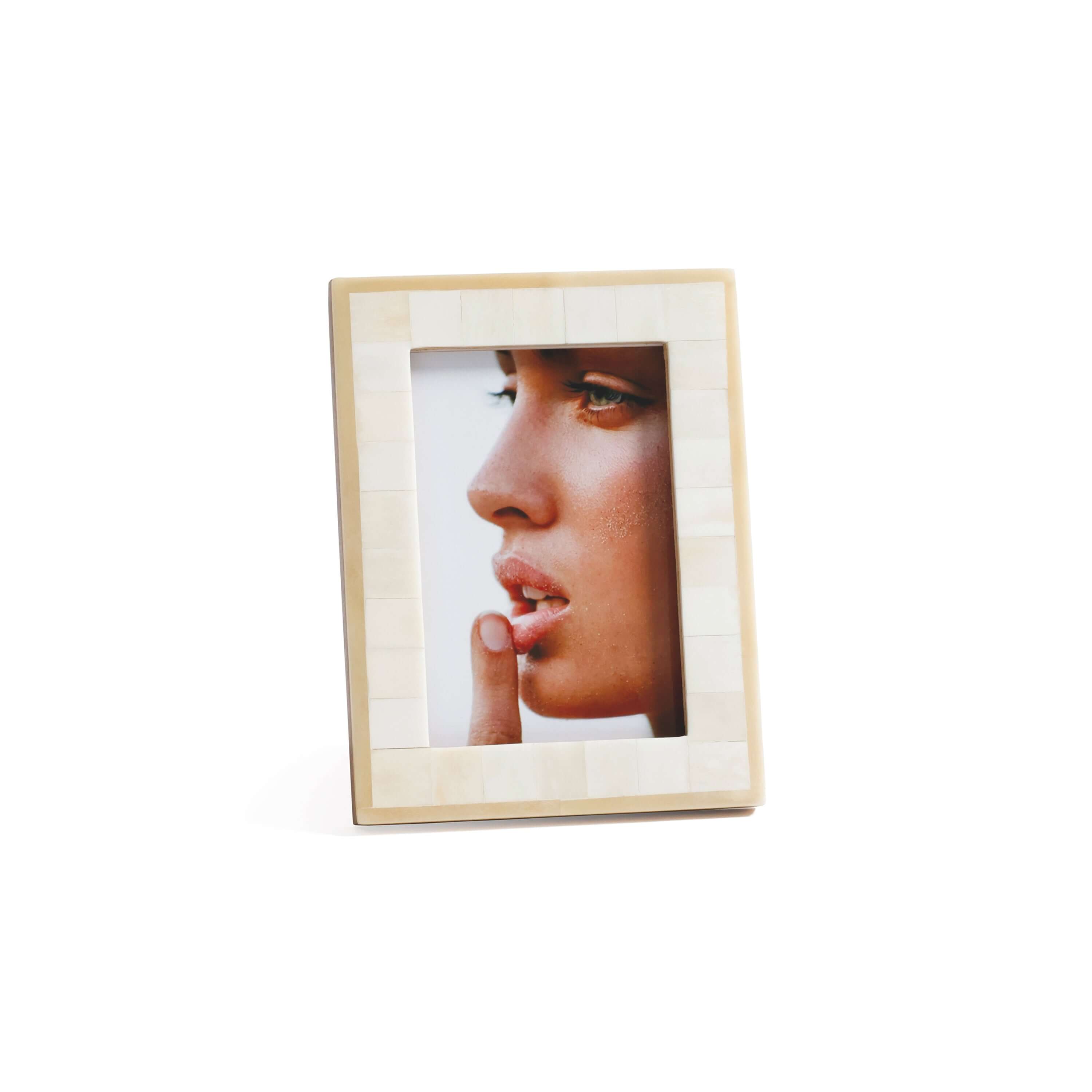 Dune Natural and Bleached White Bone Photo Frame featuring a grid of bone tiles in natural and bleached shades.