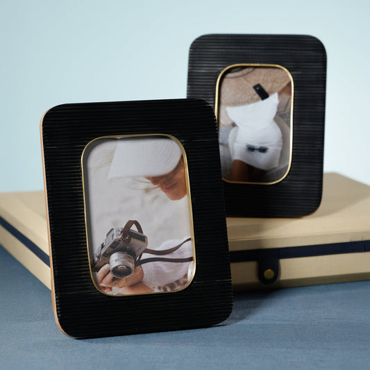 Black Resin Ribbed Photo Frame with Brass Accent