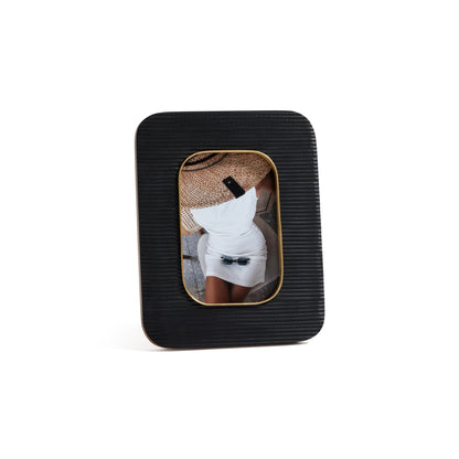 Black Resin Ribbed Photo Frame with Brass Accent