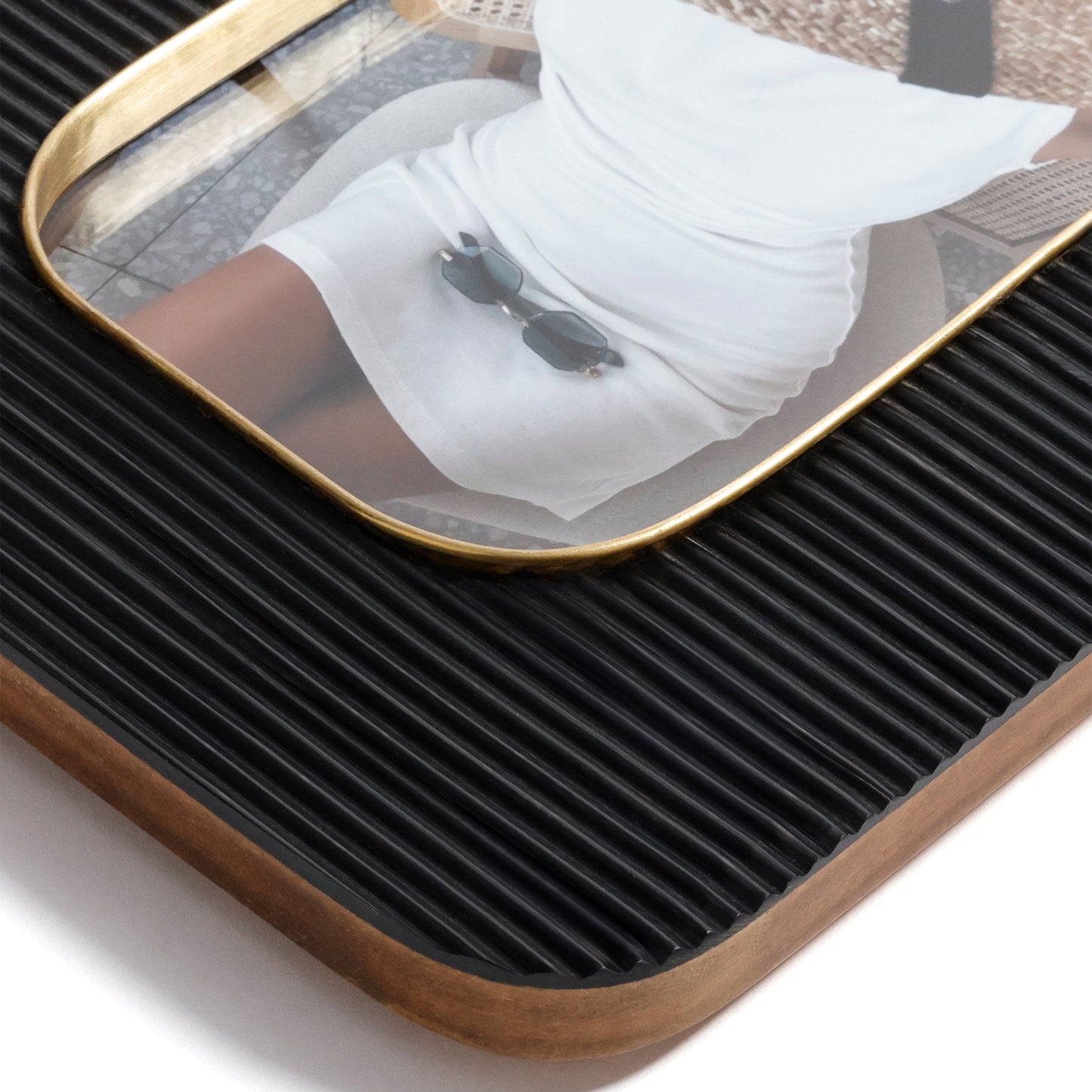 Black Resin Ribbed Photo Frame with Brass Accent