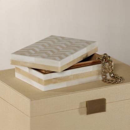 Antique White Bone Box with Chevron Pattern