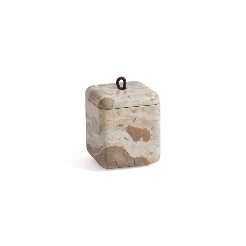 Crema Fossil Marble Bath Collection lidded jar in warm cream natural marble.