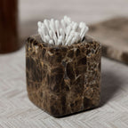 Marrón Emperador Marble Bath Collection square jar with cotton swabs for elegant bathroom decor.