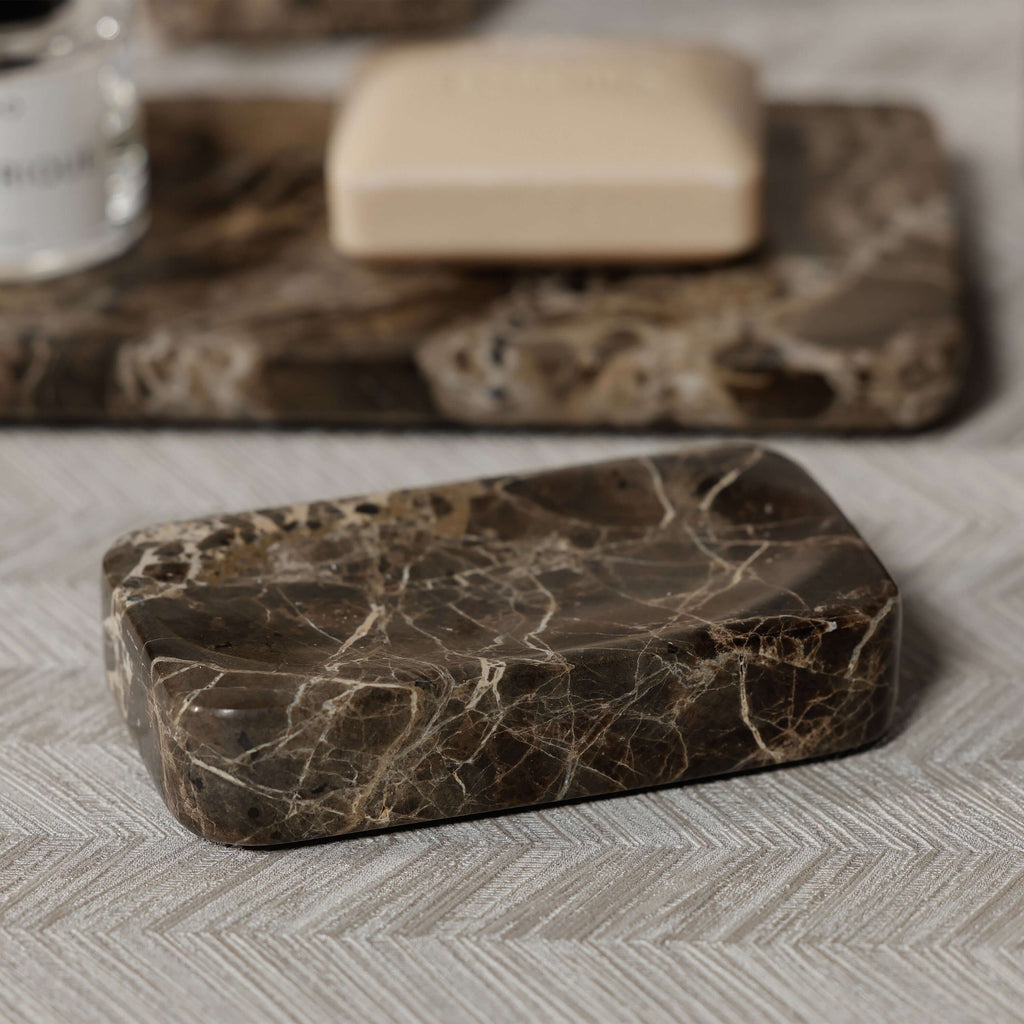 Marrón Emperador Marble Bath Collection soap dish showcasing rich brown marble veining and elegant design.