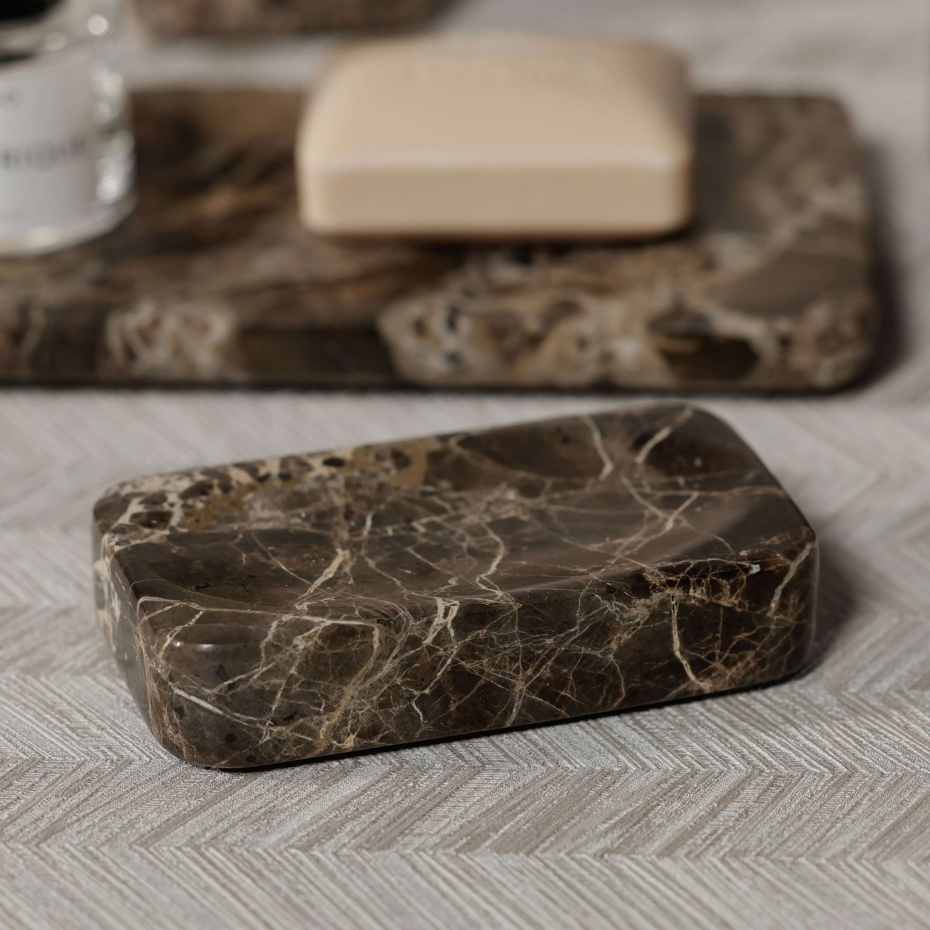 Marrón Emperador Marble Bath Collection soap dish showcasing rich brown marble veining and elegant design.