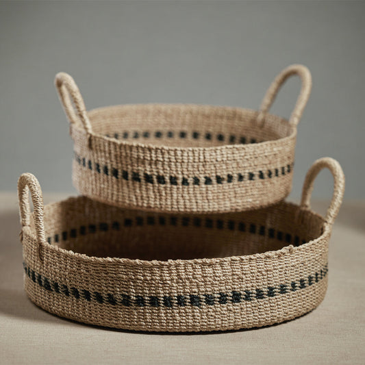 Set of 2 Abaca Basket Trays with Black Accent