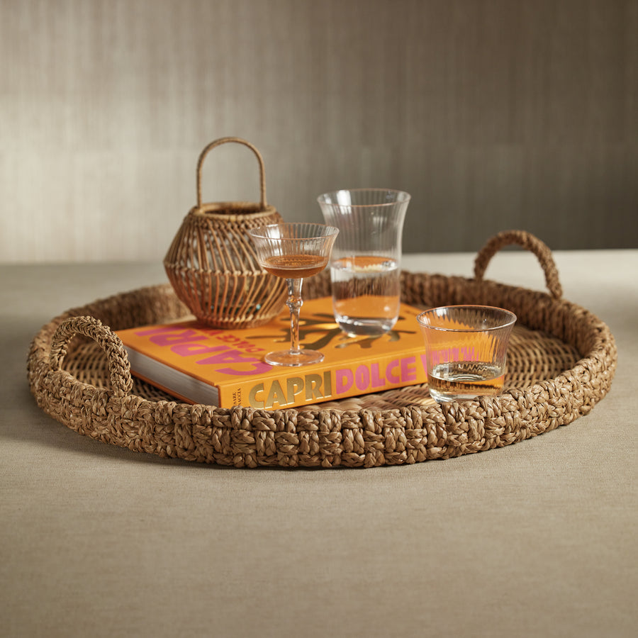 Portofino Braided Seagrass Round Tray with Glass Insert