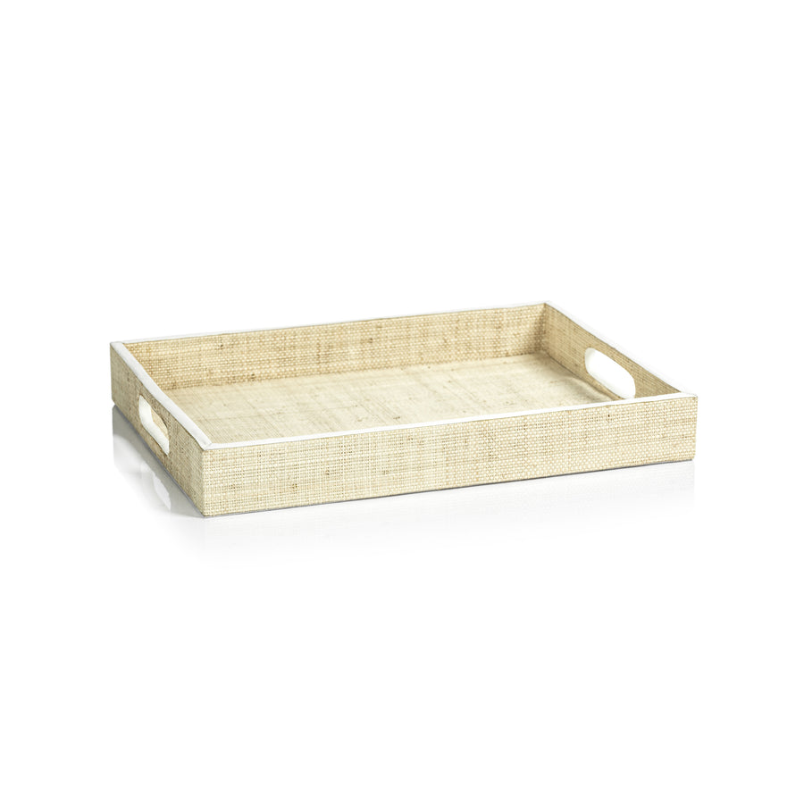 Atelier Natural Fiber Raffia Serving Tray with Leather Trim