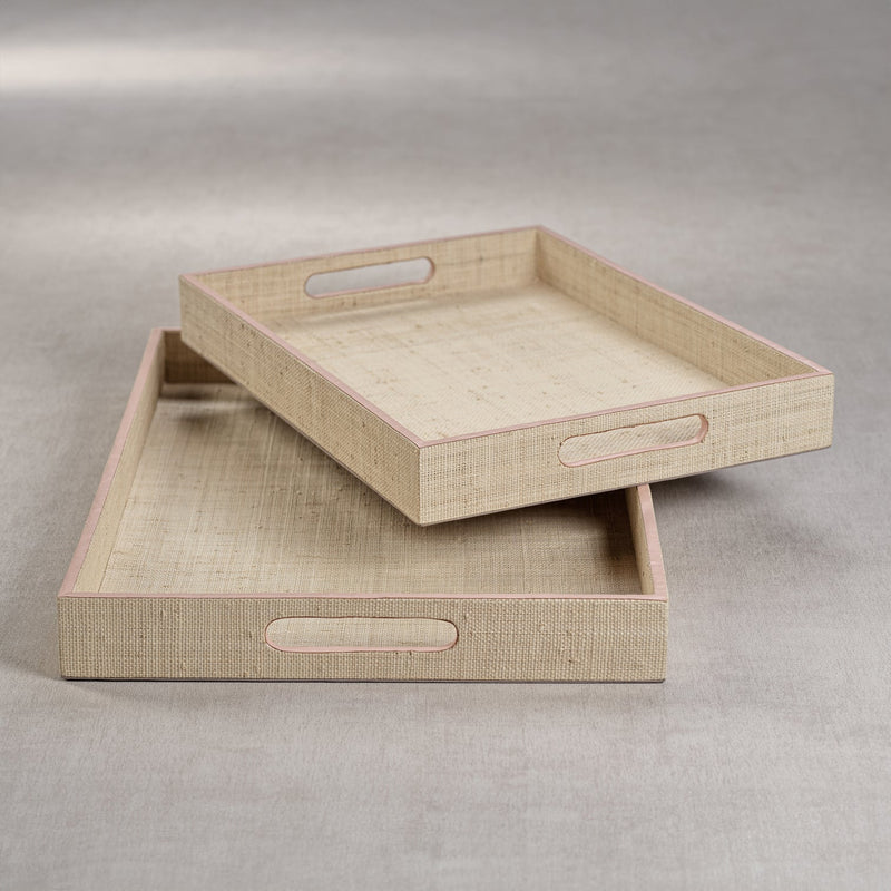 Lulu Natural Fiber Raffia Tray with Pink Leather Trim - Trays by Carlyle Avenue