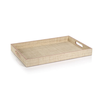 Lulu Natural Fiber Raffia Tray with Pink Leather Trim - Trays by Carlyle Avenue