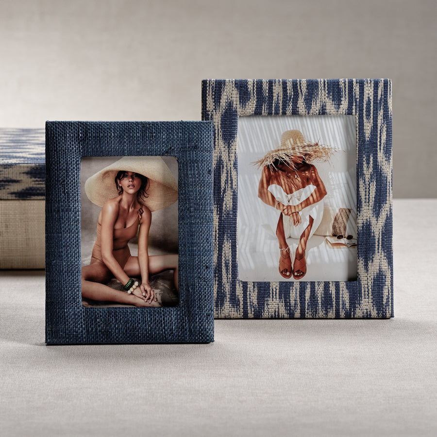 Natural Fiber Raffia Photo Frame - Navy Blue & Ikat