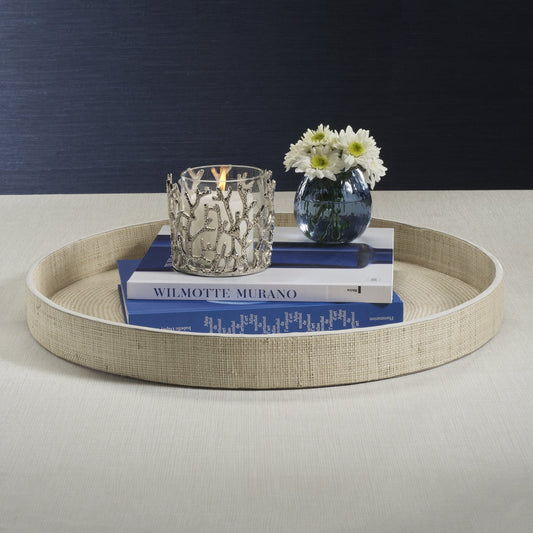 Atelier Natural Fiber Raffia Round Serving Tray with Leather Trim