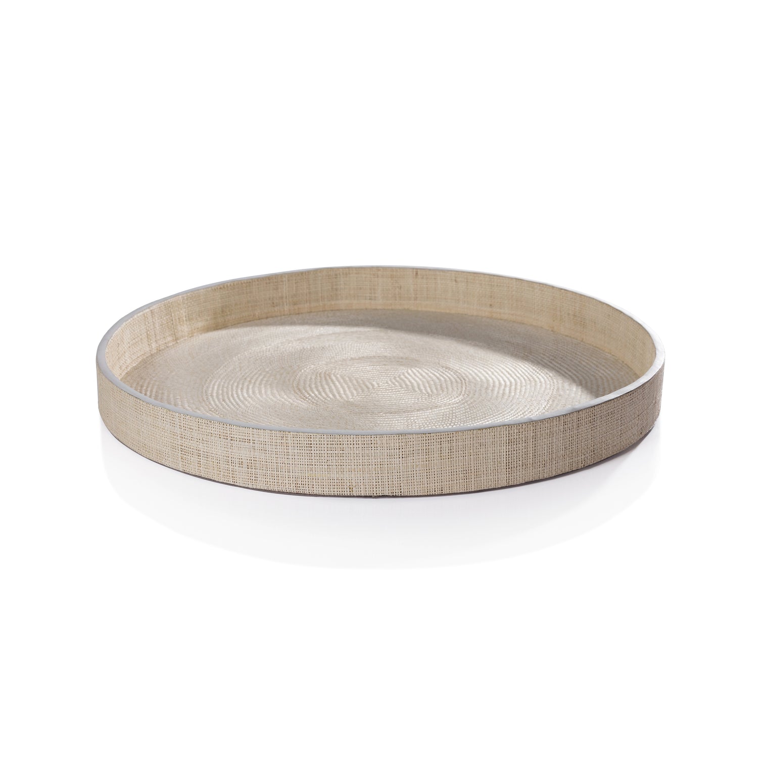 Atelier Natural Fiber Raffia Round Serving Tray with Leather Trim