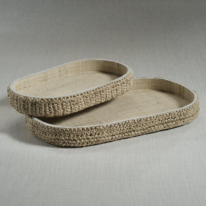 Oval Raffia Tray with Leather Trim