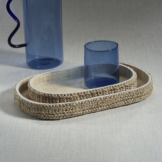 Oval Raffia Tray with Leather Trim
