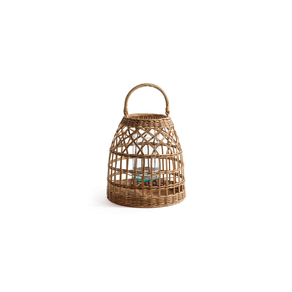 Veranda Rattan Lantern with Glass Hurricane in small size, hand-woven design featuring a diamond lattice pattern.