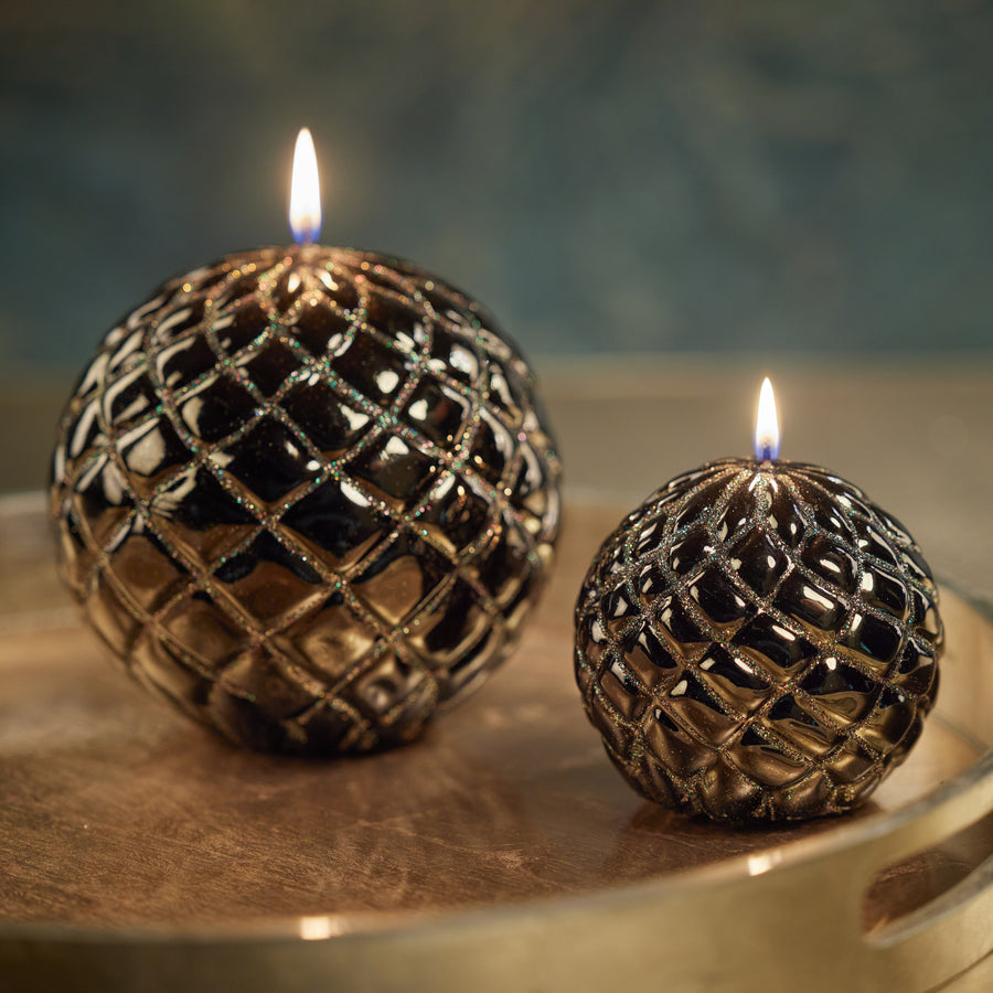 Metallic Quilted Ball Candle - Metallic Green & Gold Glitter