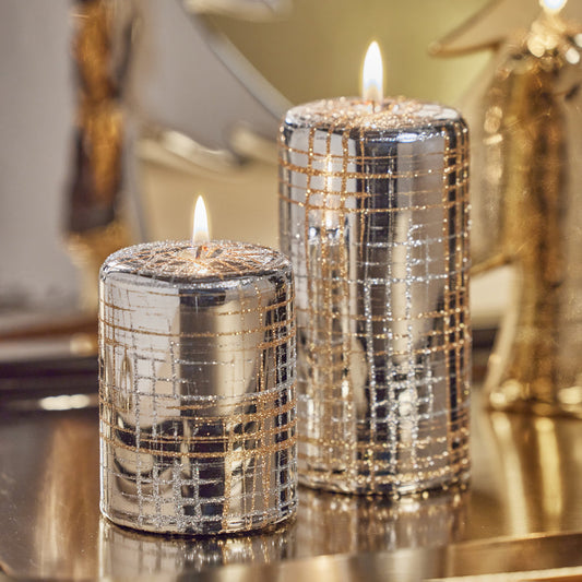 Metallic Pillar Candle - Metallic Silver & Gold Glitter