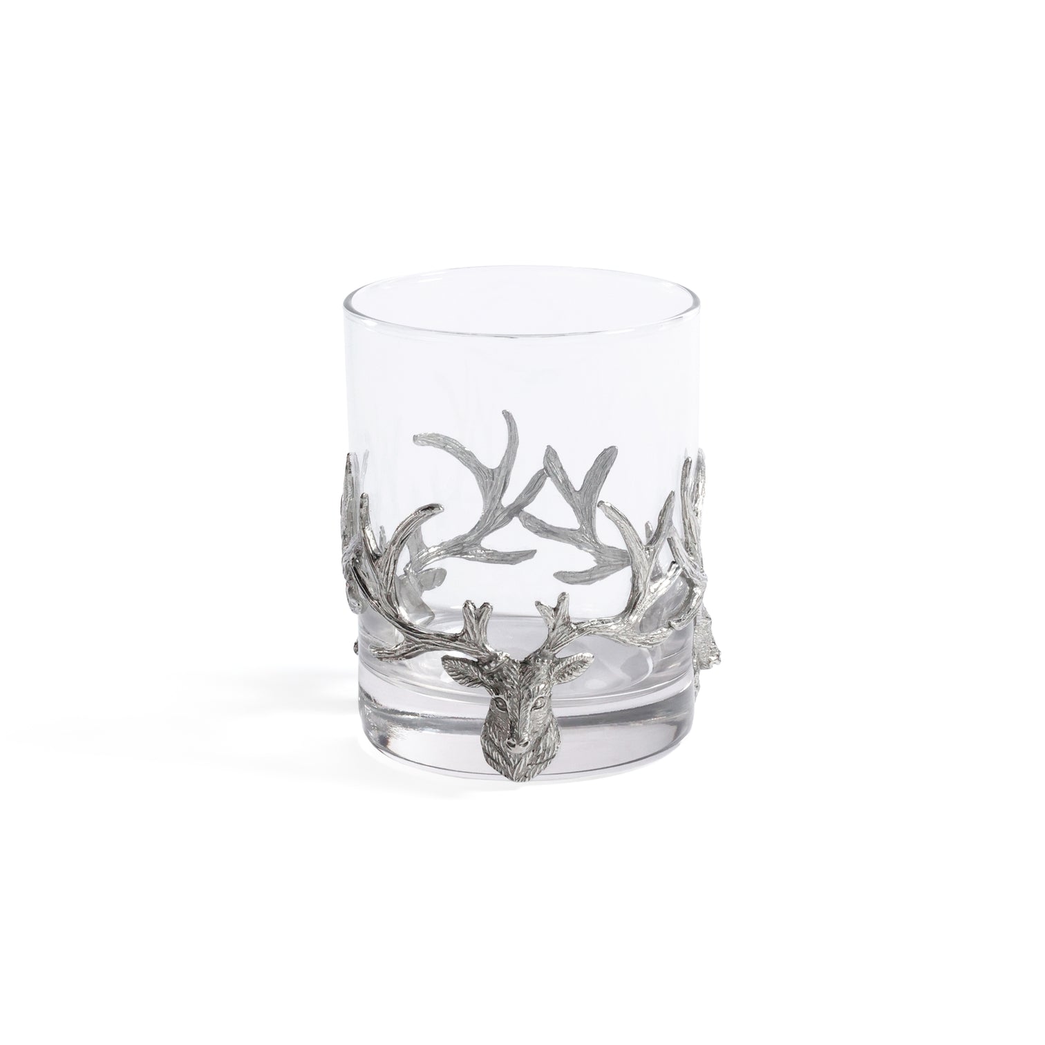 Clear glass with silver antler design on a white background