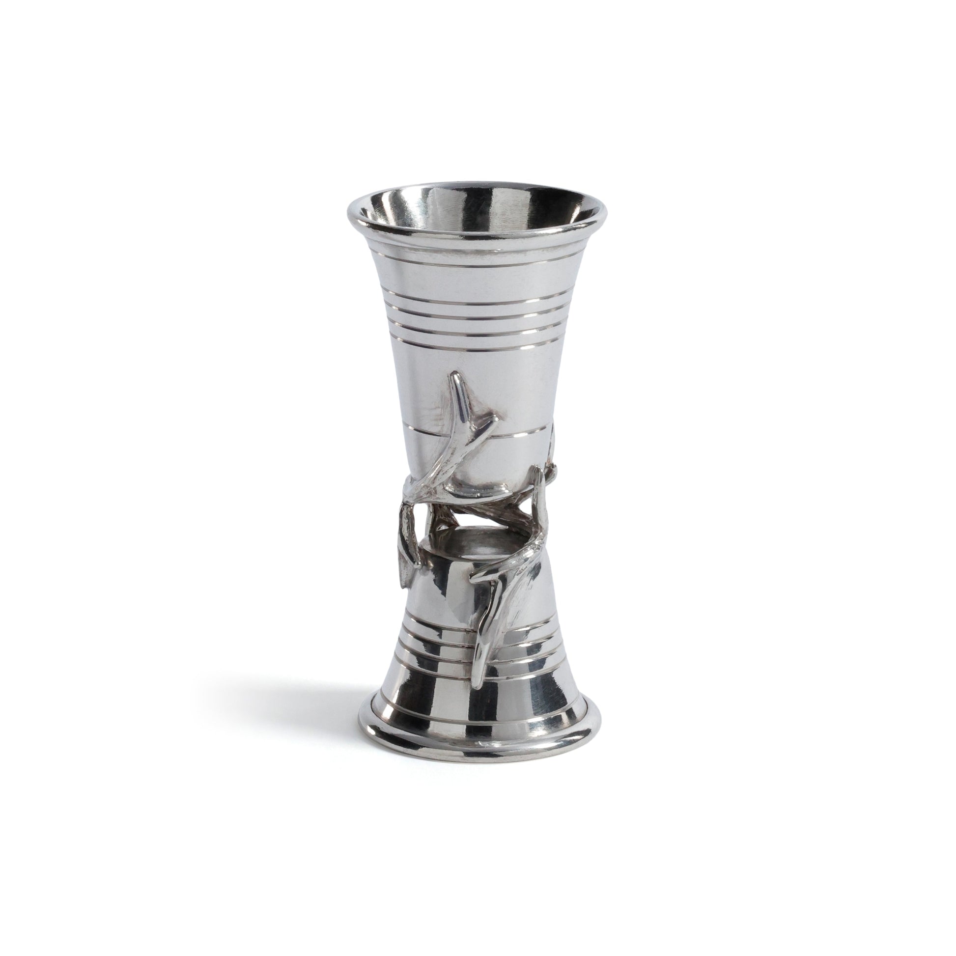 Silver metal vase with decorative design on a white background