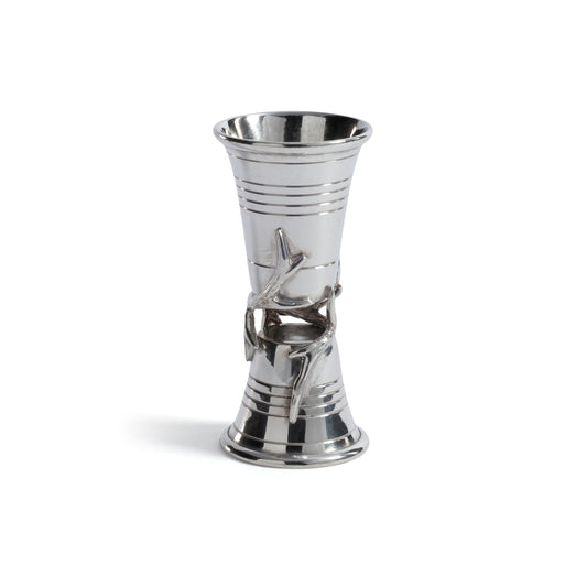 Silver metal vase with decorative design on a white background