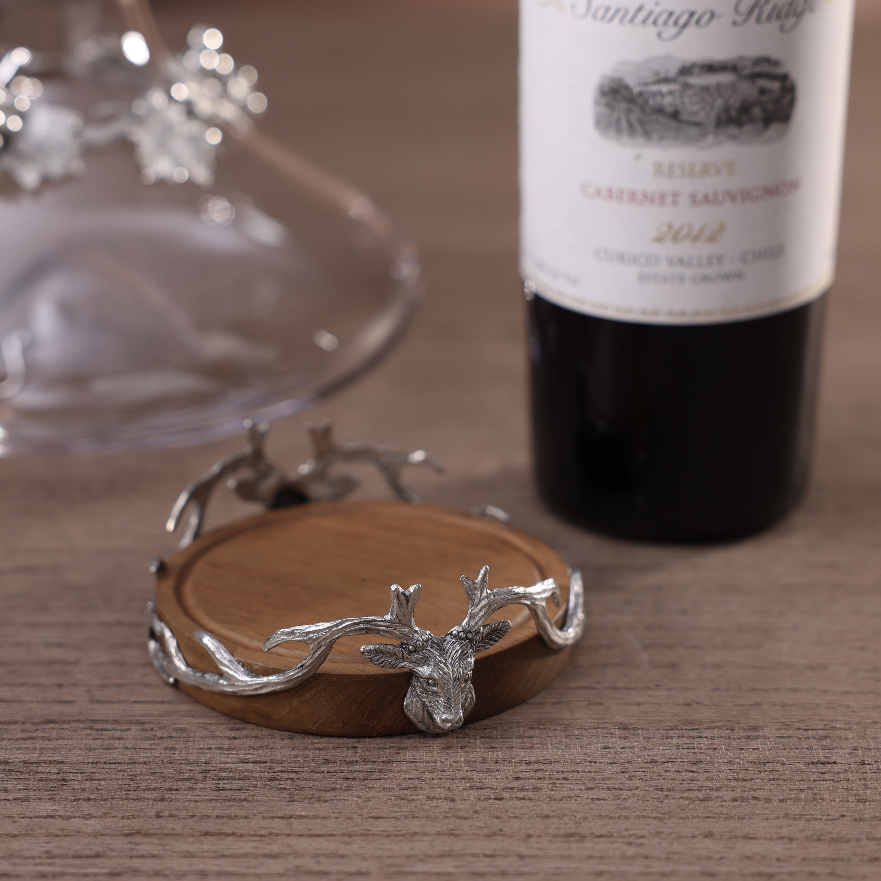 St. Anton Stag Head Wood and Pewter Wine Coaster