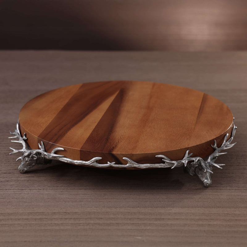 St. Anton Wood Cheese and Charcuterie Board on Pewter Stag and Antler Base displayed on wooden table