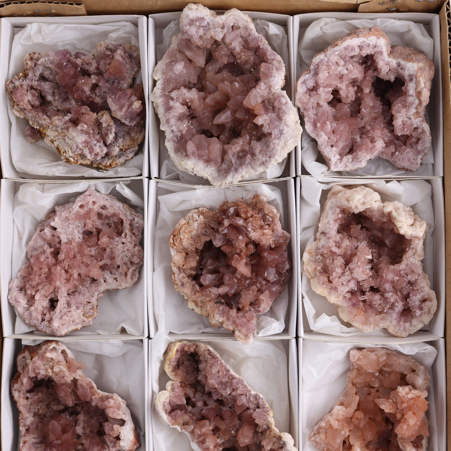 Pink Amethyst Geodes Flat of 12