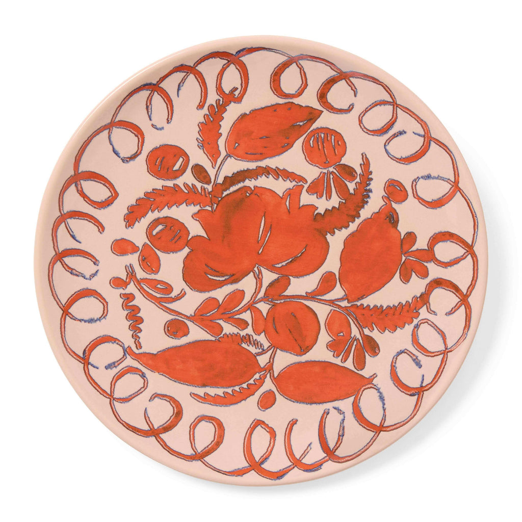 Amalfi Dessert Plate Pink - 9.1" Diameter featuring intricate hand-painted floral design on warm pink ceramic.