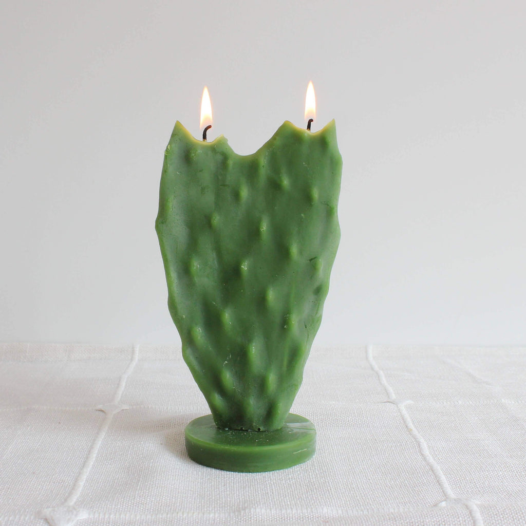 Nopal Cactus Beeswax Candle, handcrafted, eco-friendly, unscented, burning elegance, decorative home decor.