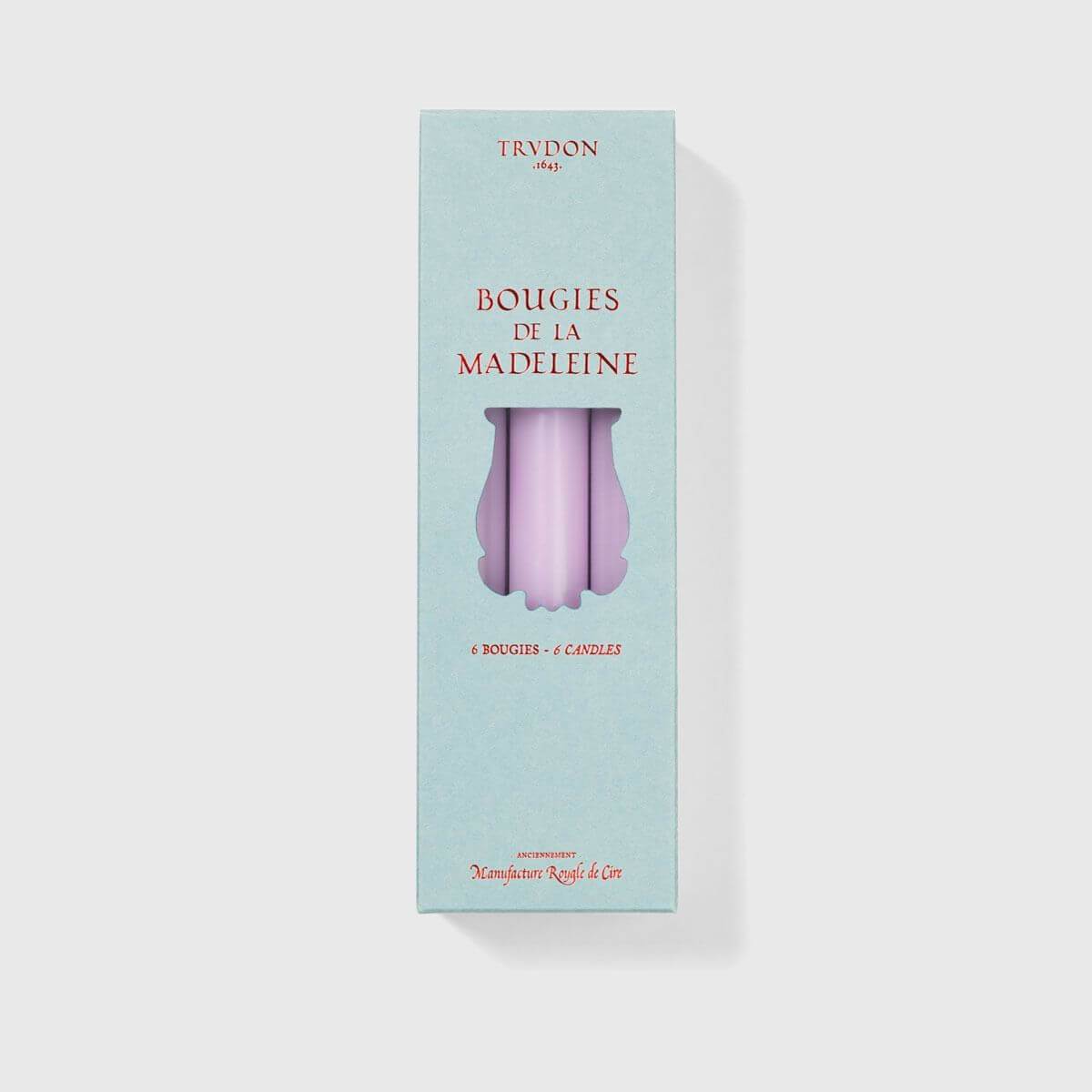 Madeleine Taper Candles - Lilac pack featuring six elegant tapered candles in a decorative box.