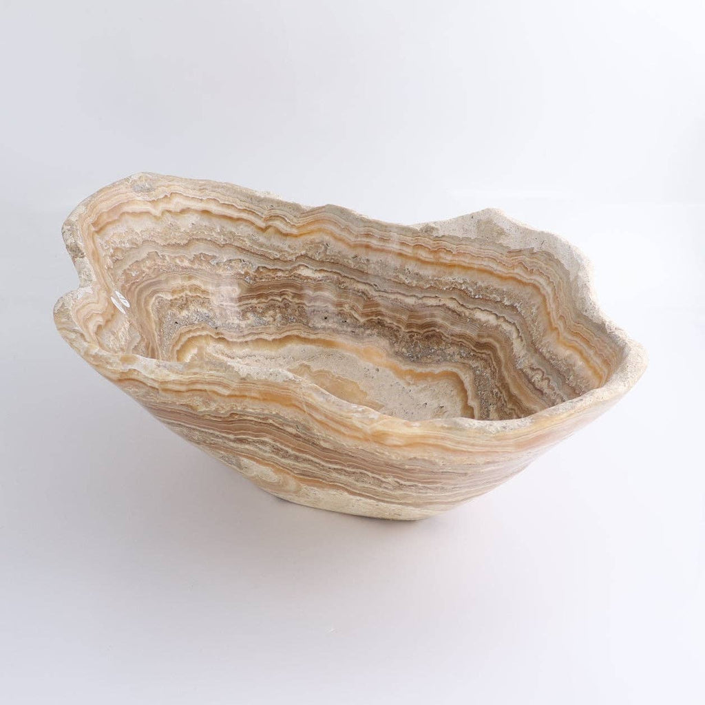 Mexican Onyx/Calcite Bowl 16" with warm amber and honey-toned banding, hand-carved, unique design for decor.