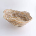 Mexican Onyx/Calcite Bowl 16" with warm amber and honey-toned banding, hand-carved, unique design for decor.