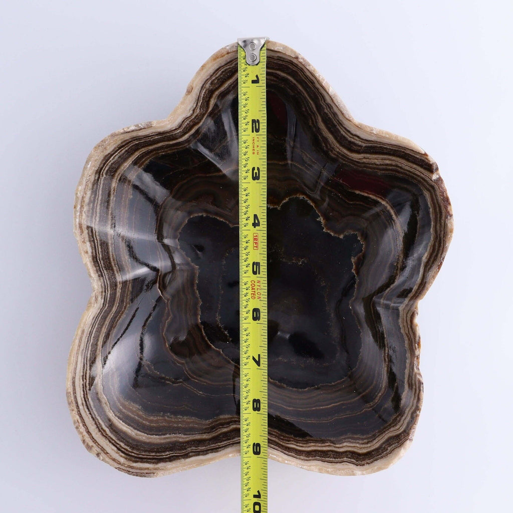 Mexican Onyx/Calcite Chocolate BOWL OOAK displayed with measurement tape for size reference.