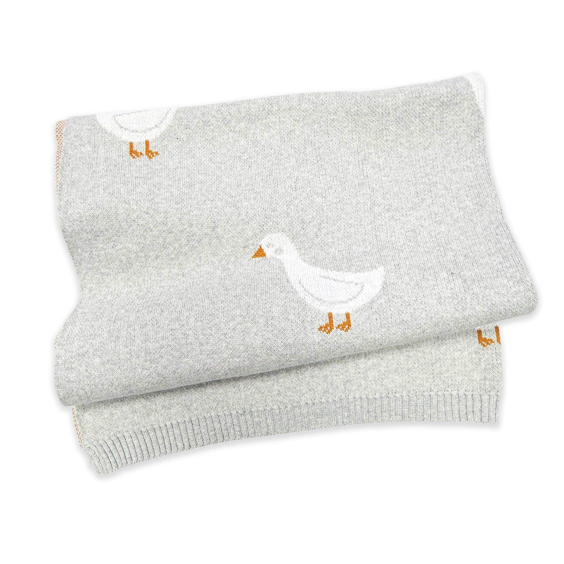 Duck Waddle - Organic Jacquard Knit Baby Blankets, soft baby blanket with a duck motif in grey.
