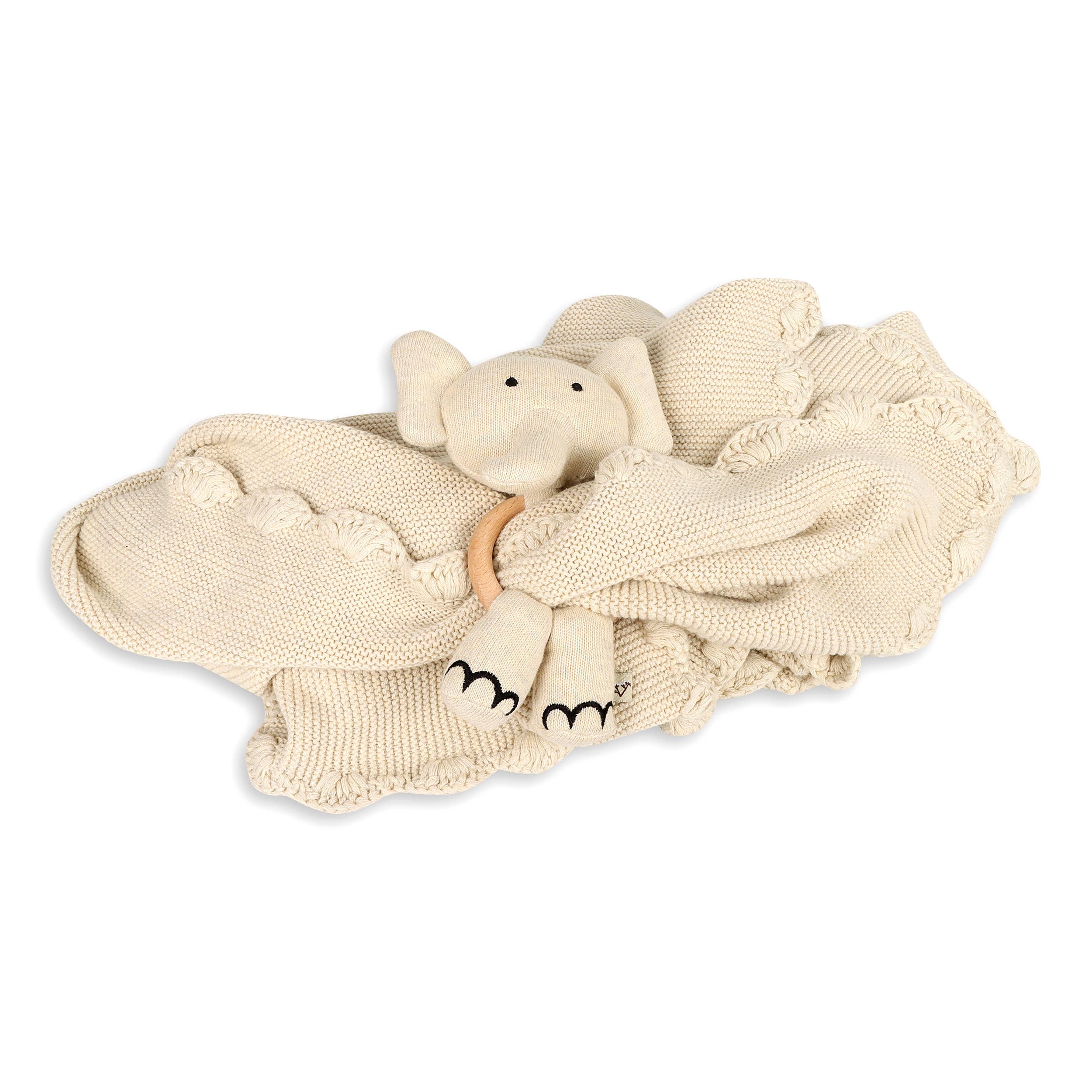 Scallop Edge Classic Knit Baby Blanket + Elephant Rattle SET