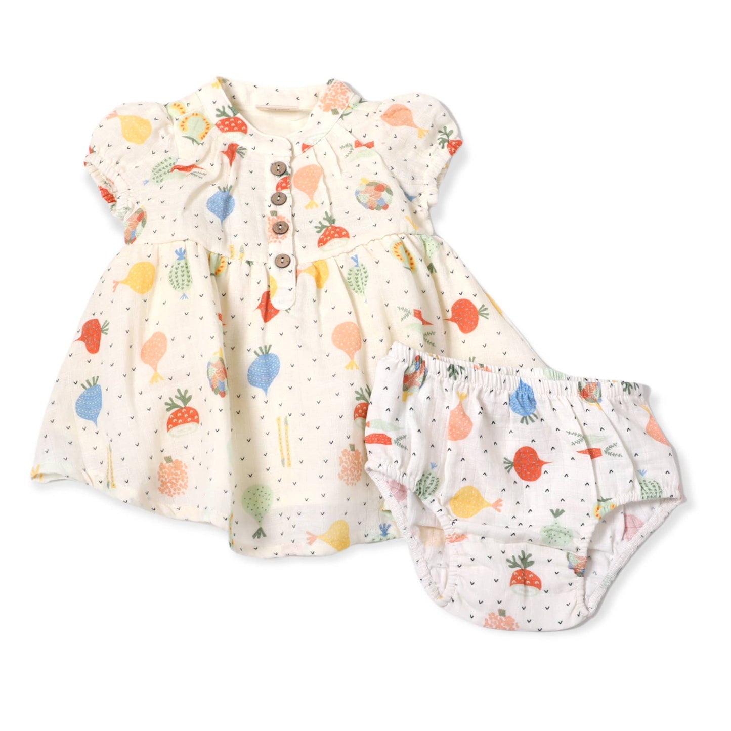 Veggie Puff Sleeve Muslin Baby Dress+Bloomer(Organic Muslin)