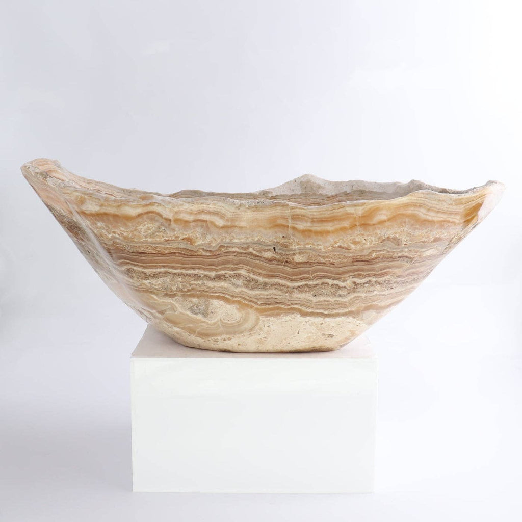 Mexican Onyx/Calcite Bowl 16" with warm amber and honey tones, showcasing natural stone patterns and organic rim.