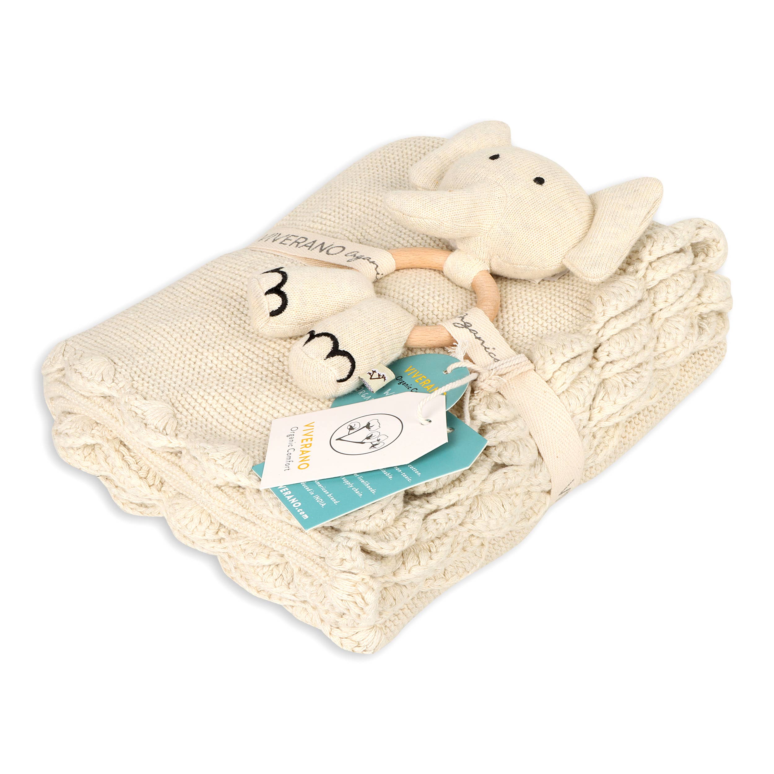 Scallop Edge Classic Knit Baby Blanket + Elephant Rattle SET