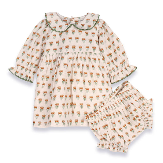 Ina Block Print Floral Baby Dress & Bloomer Set (Linen) -  by Carlyle Avenue